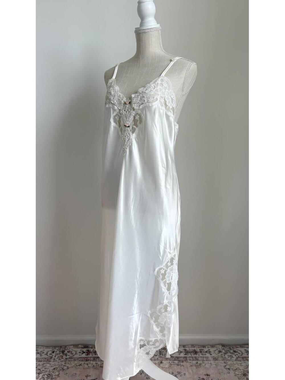Vintage White Satin Lace Trim Slip with Crisscross Back